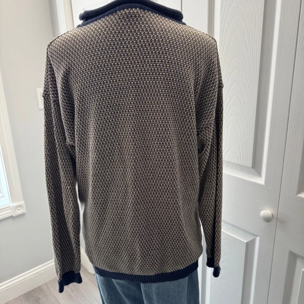 Vintage Ann Taylor Cotton Birds Eye Knit Sweater Navy Tan Roll Neck Pullover M
